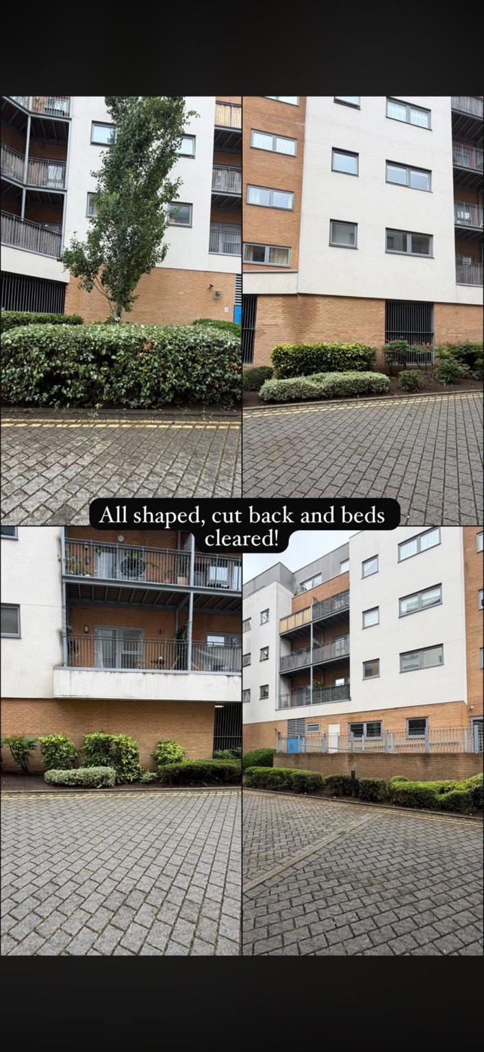 A comparison of planting beds and hedges beside residential entrances.