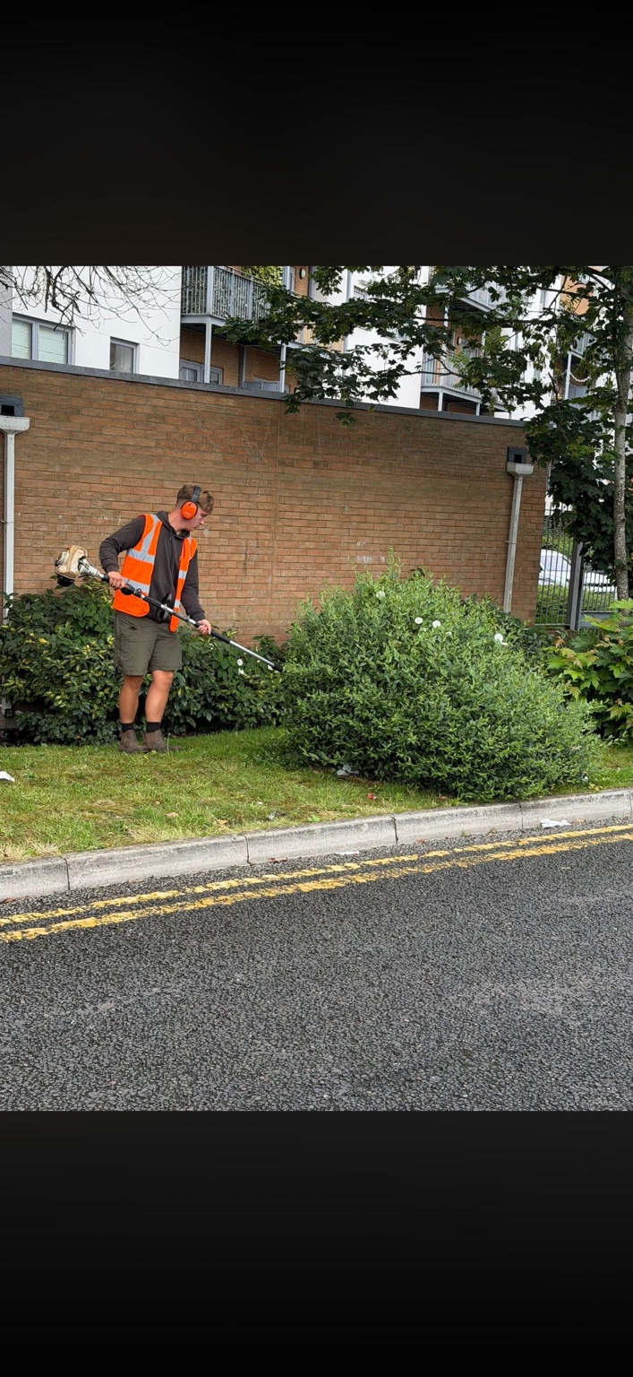 Hedge maintenance beside a residential building.